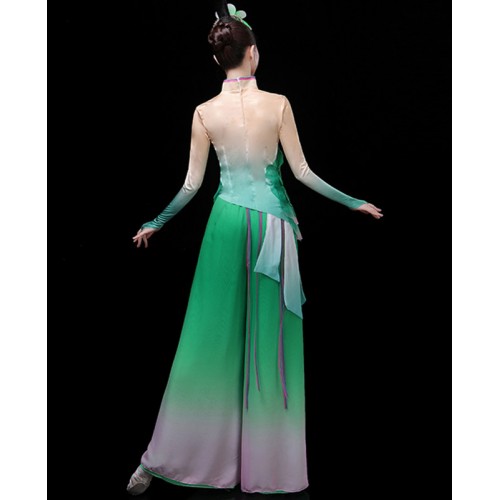 Women's girls green lotus modern dance dresses chinese folk dance fairy drama cosplay dance costumes